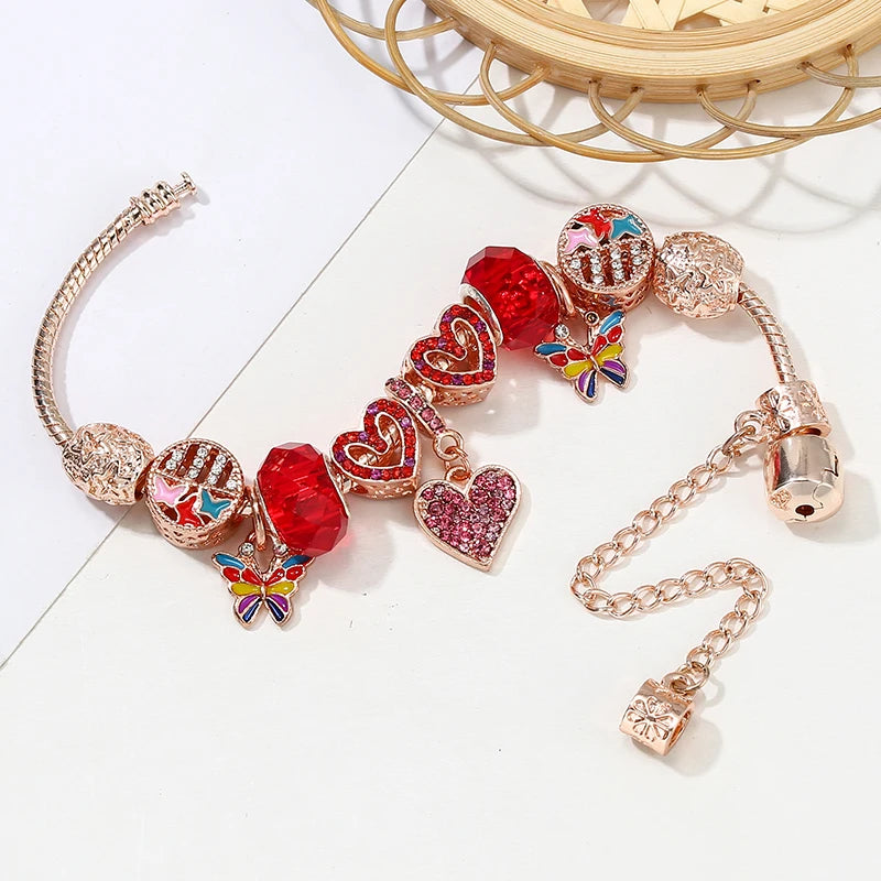 Pink Pave Hearts Beads Colorful Butterfly Pendant Charm Bracelet