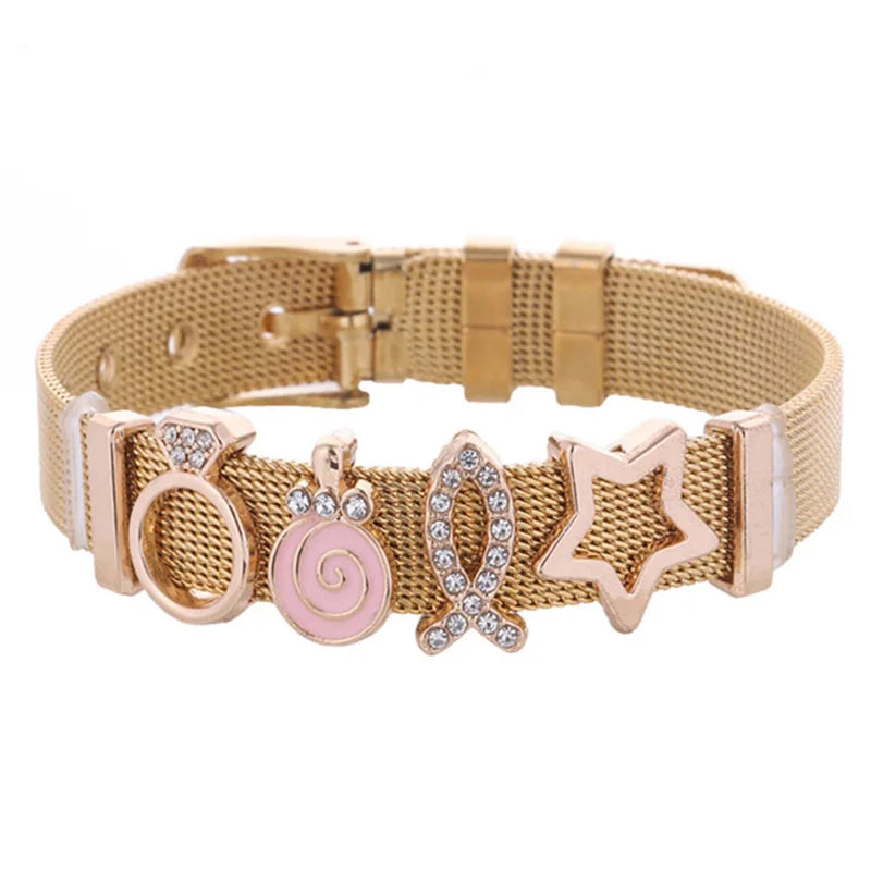 Pink Snails Steel Bracelet Set Crystal Crown Charm Jewelry Gift