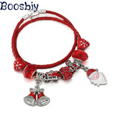 Santa Claus Beads Red Leather Charm Bracelet with Snowman Pendants