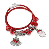 Santa Claus Beads Red Leather Charm Bracelet with Snowman Pendants