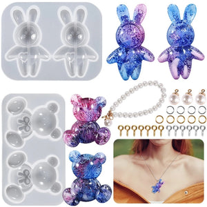 3D Rabbit Bows Bear Crystal Epoxy Resin Keychain Pendant Mold