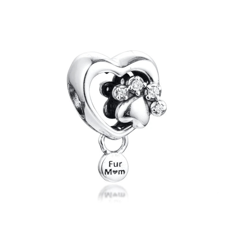 925 Silver Sparkling Paw Print & Heart Charm Bracelet Femme