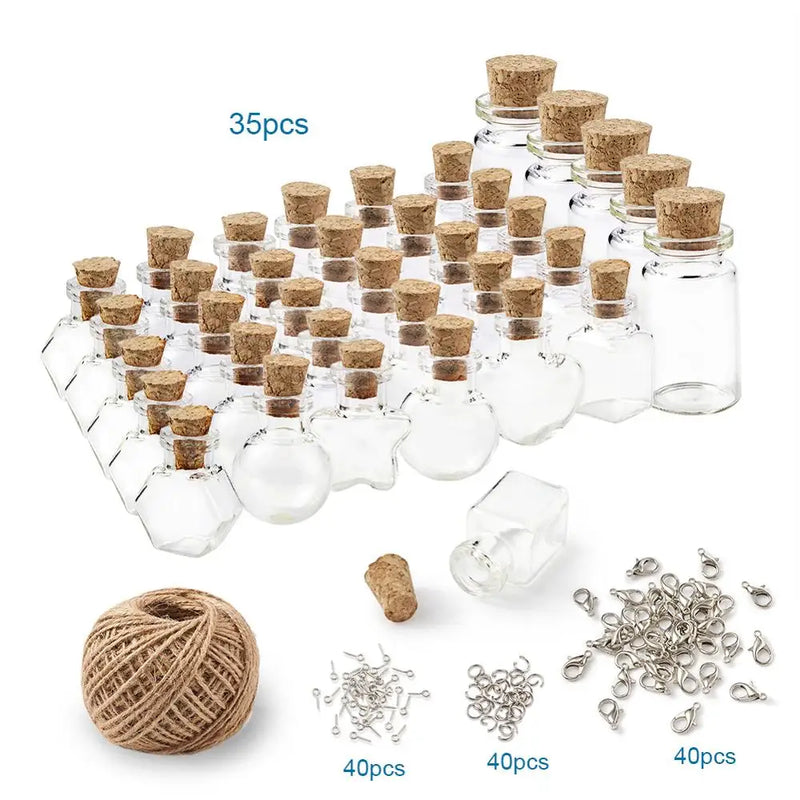 DIY Glass Bottle for Beads w/ Cork Stopper, Clasp, Eye Pin, Bail Peg & Hemp Cord