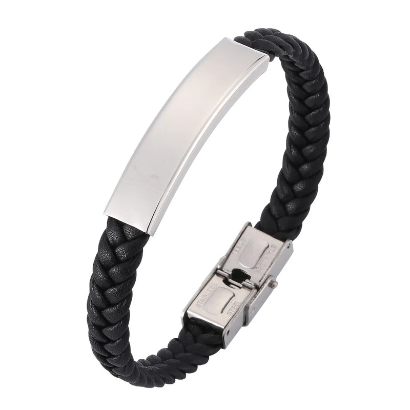 Men's Personalized Leather Bracelet - Engraved Medical ID - Hand-woven Cord