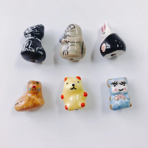 Hand Drawn Bear Rabbit Ceramic Pendant Necklace Earring Set