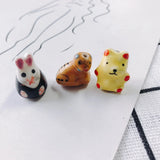 Hand Drawn Bear Rabbit Ceramic Pendant Necklace Earring Set