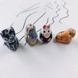 Hand Drawn Bear Rabbit Ceramic Pendant Necklace Earring Set