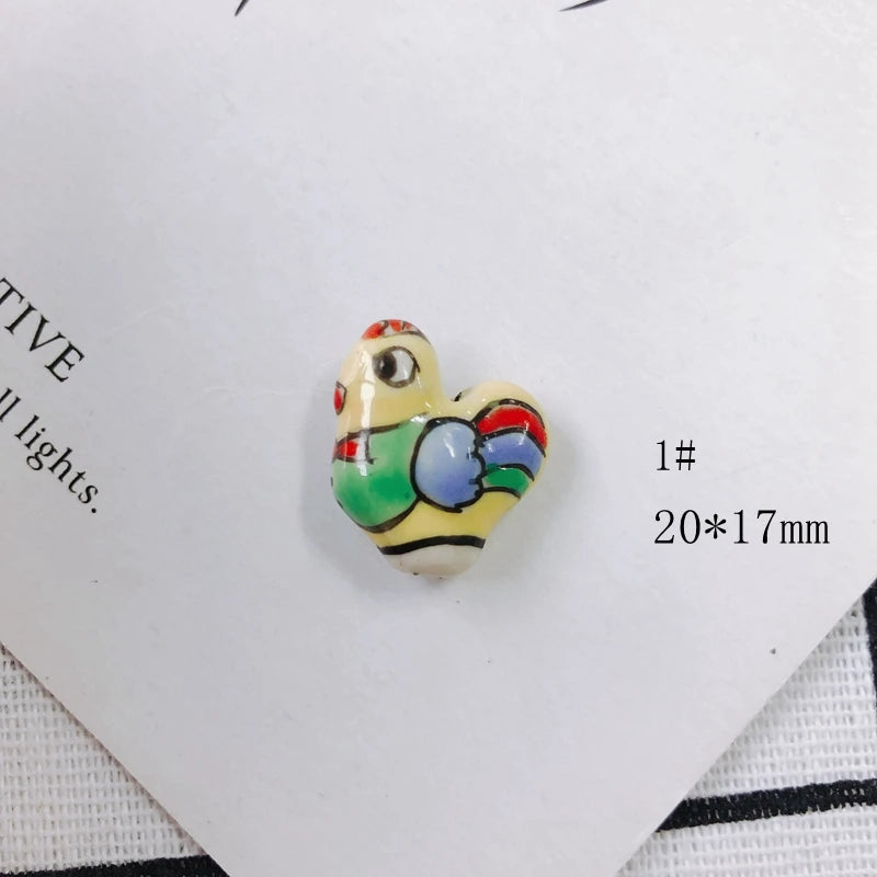 Hand Drawn Ceramic Hen Beads for Jewelry Making