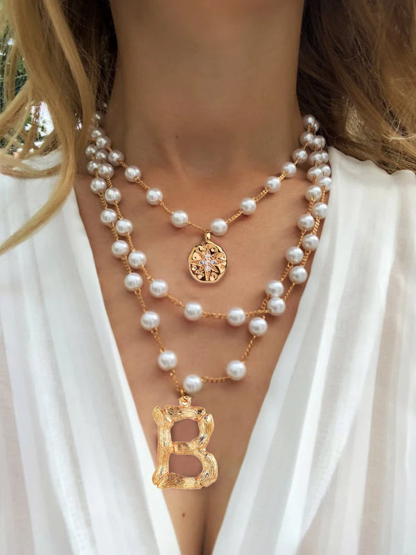 A-Z Initial Alphabet Pendant Necklace with Cubic Zirconia Triple Pearls