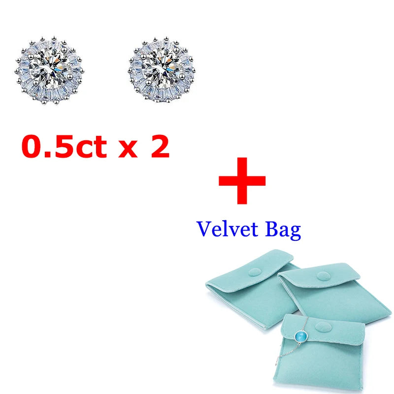 1-2ct Round Moissanite Earrings Stud 100% S925 Silver Women Wedding Accessory