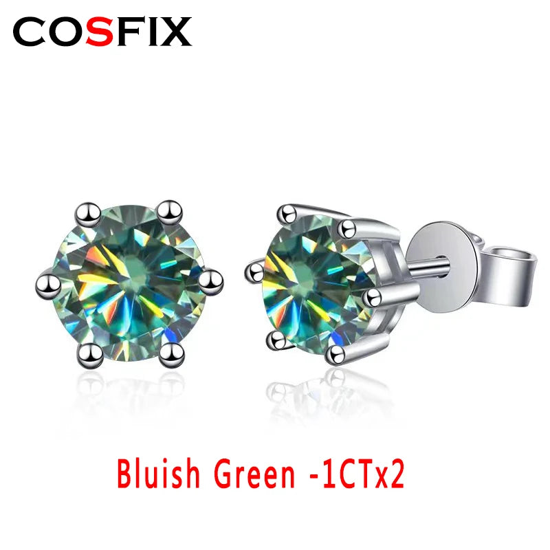 1CTx 2 D Colored Moissanite Stud Earrings 925 Sterling Silver