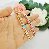 DODOAI Name Bracelet Crystal Letters Cuban Chain Heart Stone Birthday Gift