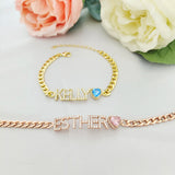 DODOAI Name Bracelet Crystal Letters Cuban Chain Heart Stone Birthday Gift