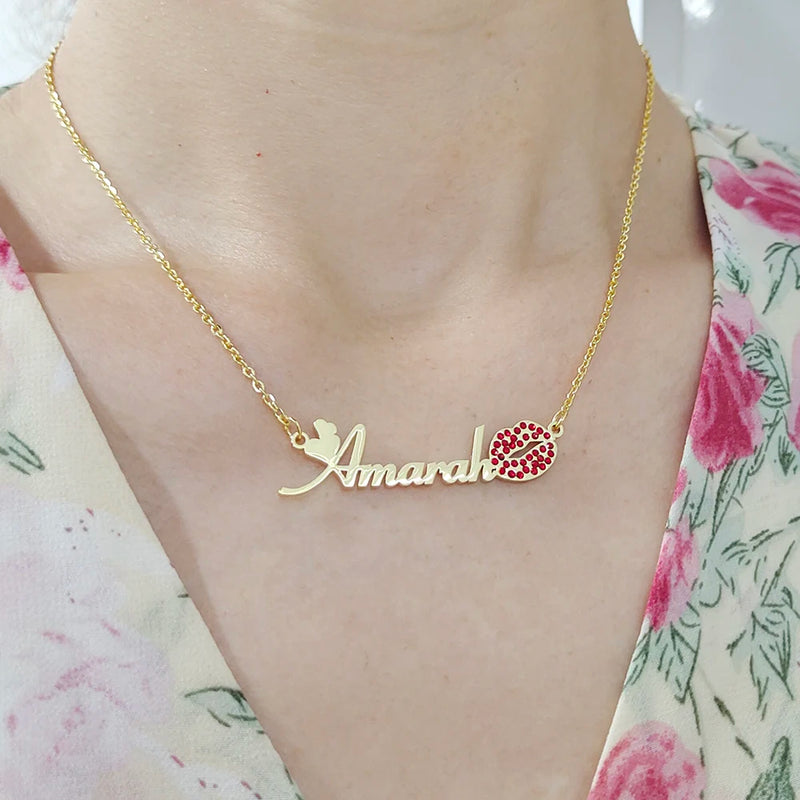 DODOAI Stainless Steel Name Necklace With Kiss Red Lips