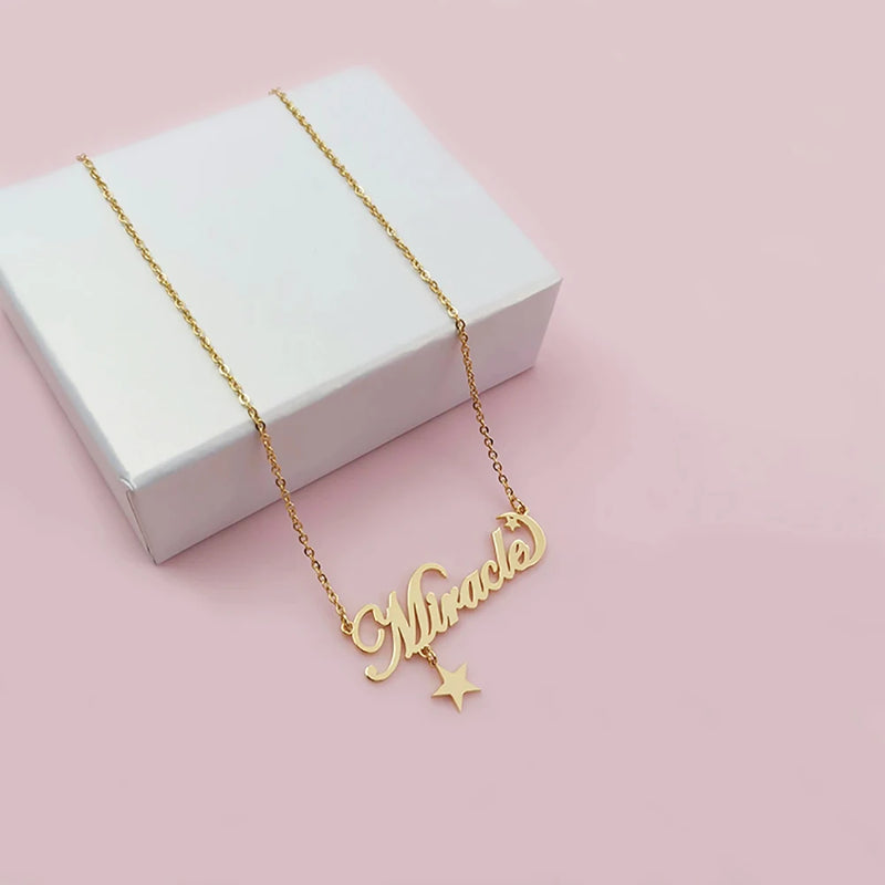 DODOAI Custom Name Necklace Moon Star Nameplate Stainless Steel