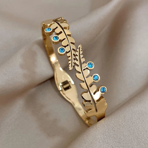 Asymmetrical Double Leaf Stone Bangles Bracelets for Women
