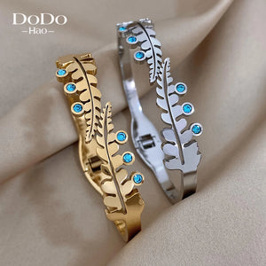 Asymmetrical Double Leaf Stone Bangles Bracelets for Women