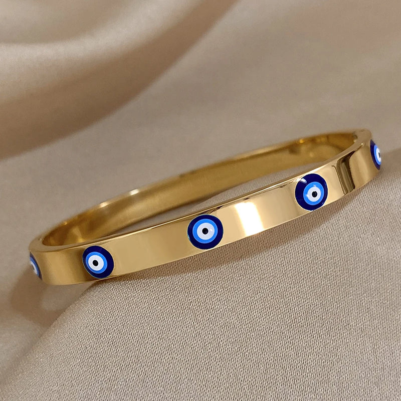 Boho Evil Eye Bangle Bracelet Stainless Steel Charm Lucky Plated Chain Jewelry