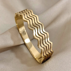 Chunky Stainless Steel Cuff Bangle Bracelet Wave Wide for Women Men