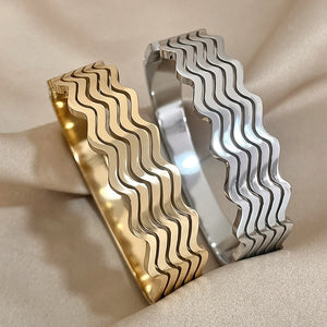 Chunky Stainless Steel Cuff Bangle Bracelet Wave Wide for Women Men