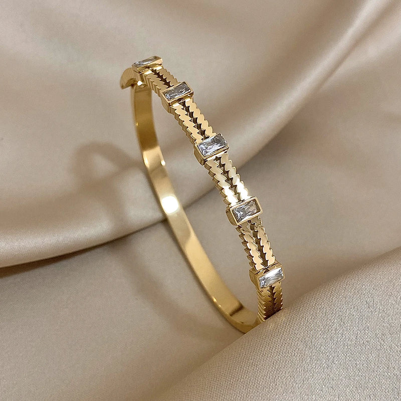 Crystal Zircon Stainless Steel Thin Cuff Bangle for Women
