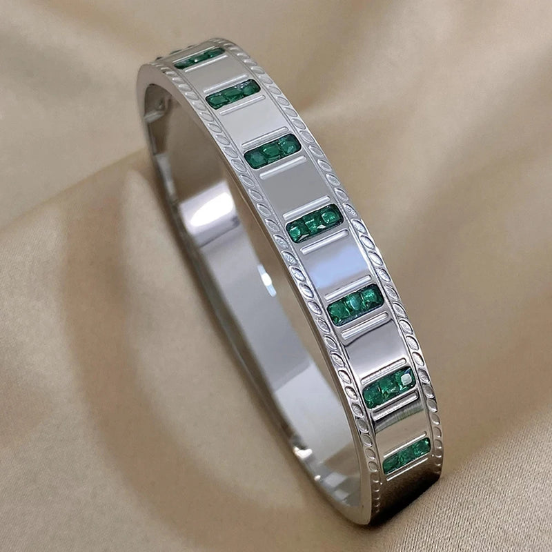 Green Rhinestone Steel Bangle Bracelet Charm Women's Wrist Jewelry