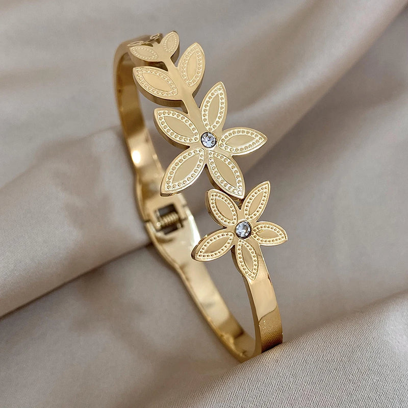 Rhinestone Stainless Steel Bangle Bracelet with Leaf Flower Charms