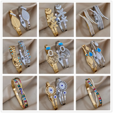Rhinestone Stainless Steel Bangle Bracelet with Leaf Flower Charms