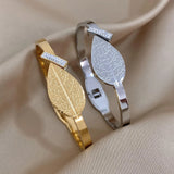 Rhinestone Stainless Steel Bangle Bracelet with Leaf Flower Charms