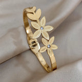 Rhinestone Stainless Steel Bangle Bracelet with Leaf Flower Charms