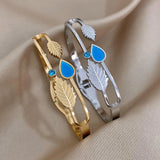 Rhinestone Stainless Steel Bangle Bracelet with Leaf Flower Charms