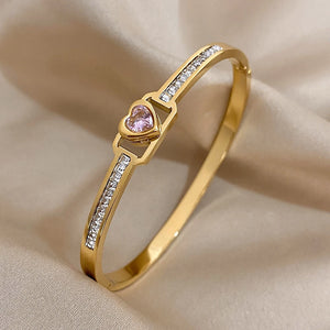 Green Red Zircon Heart Stainless Steel Bangles Bracelets for Women