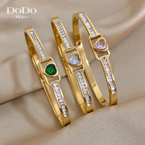 Green Red Zircon Heart Stainless Steel Bangles Bracelets for Women