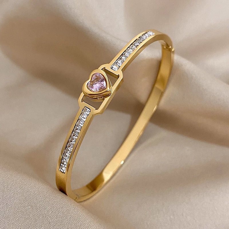 Green Red Zircon Heart Stainless Steel Bangles Bracelets for Women
