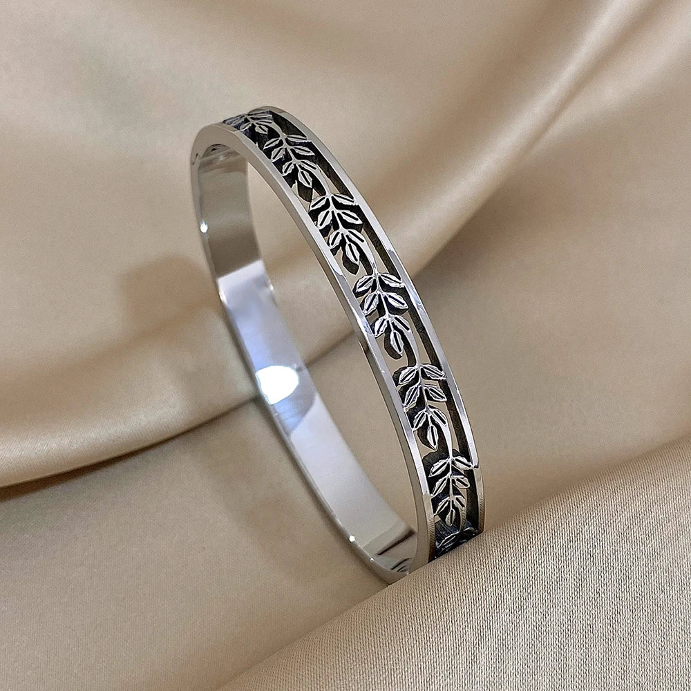 Vintage Leaf Hollow Stainless Steel Thin Bangles Bracelets for Wrist