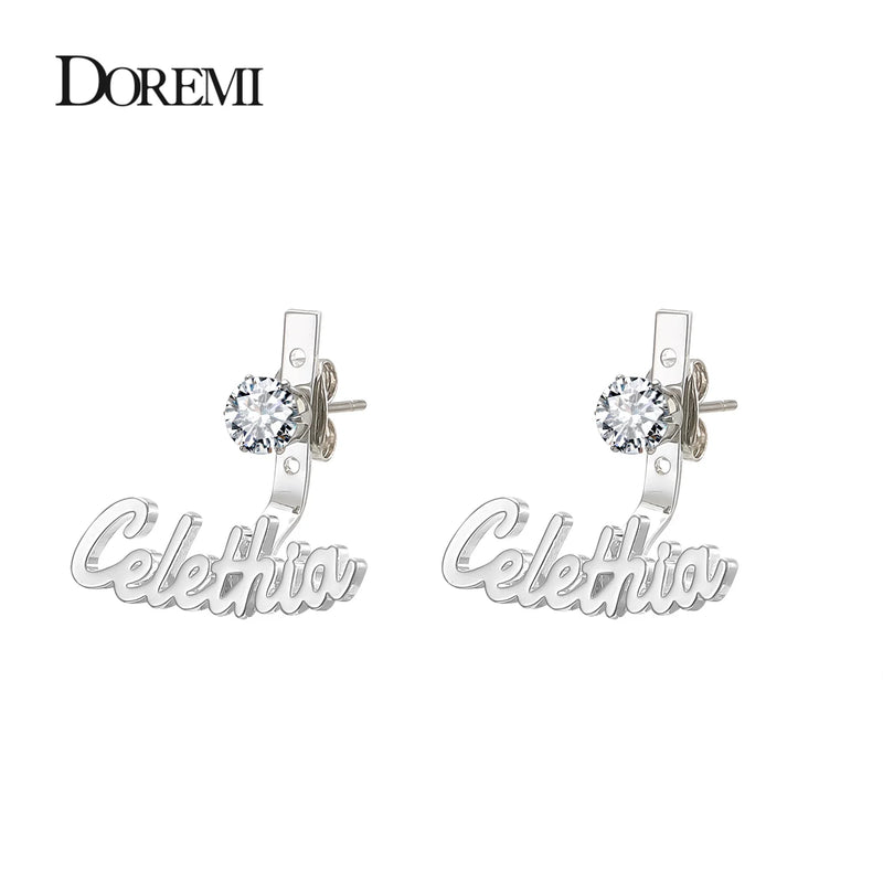DOREMI 6MM Round Zircon Name Earrings Studs Stainless Nameplate Earrings