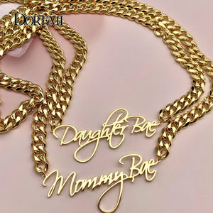 Doremi Cuban Name Pendant Necklace 8mm Thick Chain Cursive Nameplate