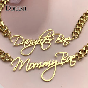 Doremi Cuban Name Pendant Necklace 8mm Thick Chain Cursive Nameplate