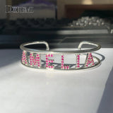Personalized Pink Zircon Name Bangle Bracelet with Rhinestone Bar