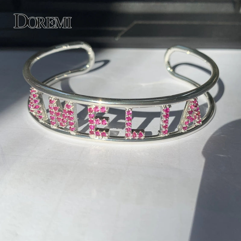 Personalized Pink Zircon Name Bangle Bracelet with Rhinestone Bar