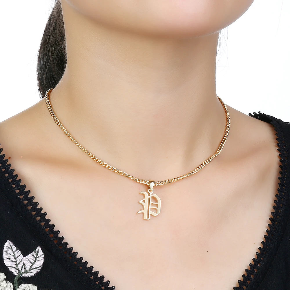 Doremi A-Z Letter Necklace Old English Vintage Stainless Steel Personalized