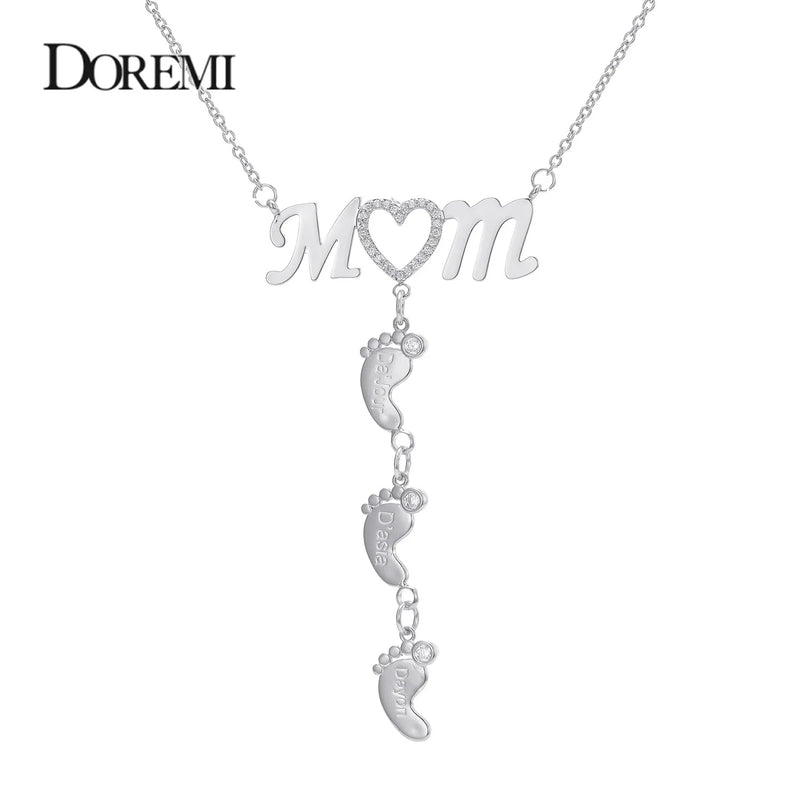 DOREMI Baby Feet Drop Pendant Necklace LOVE MOM Birthdate Personalized CZ Heart