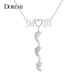 DOREMI Baby Feet Drop Pendant Necklace LOVE MOM Birthdate Personalized CZ Heart