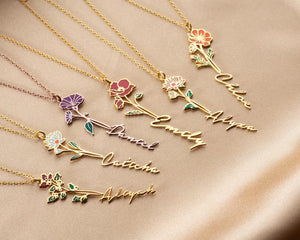 DOREMI Birthflower Necklace with Name Personalized Goldplated Letter Necklace