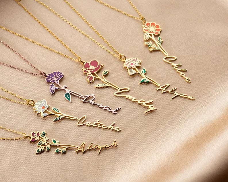 DOREMI Birthflower Necklace with Name Personalized Goldplated Letter Necklace