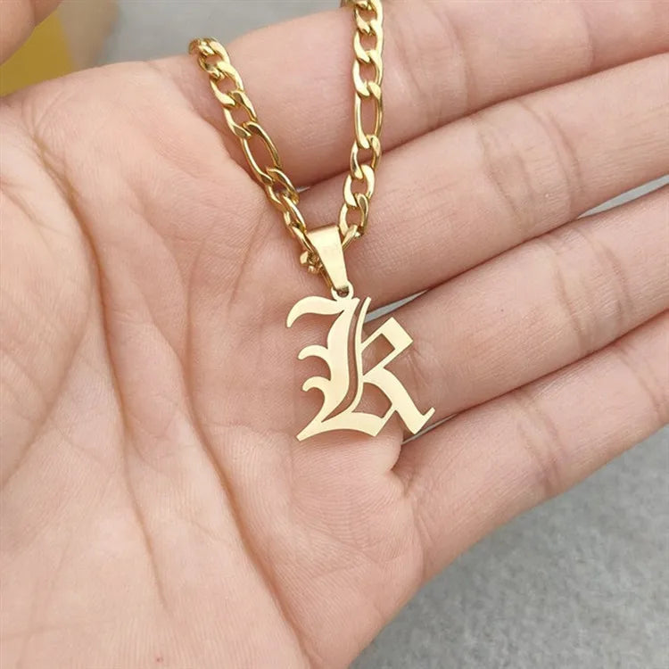 Doremi Chain A-Z Necklace Letter Old English Vintage Stainless Steel for Women