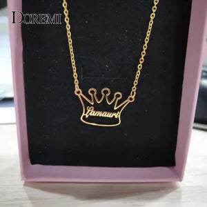 DOREMI Name Necklace with Crown, Crown Personalized Pendant Necklace