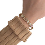 Pink CZ Heart Name Bracelet with Thick Cuban Chain for Women Gift