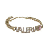 Pink CZ Heart Name Bracelet with Thick Cuban Chain for Women Gift