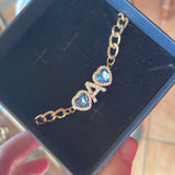 Pink CZ Heart Name Bracelet with Thick Cuban Chain for Women Gift